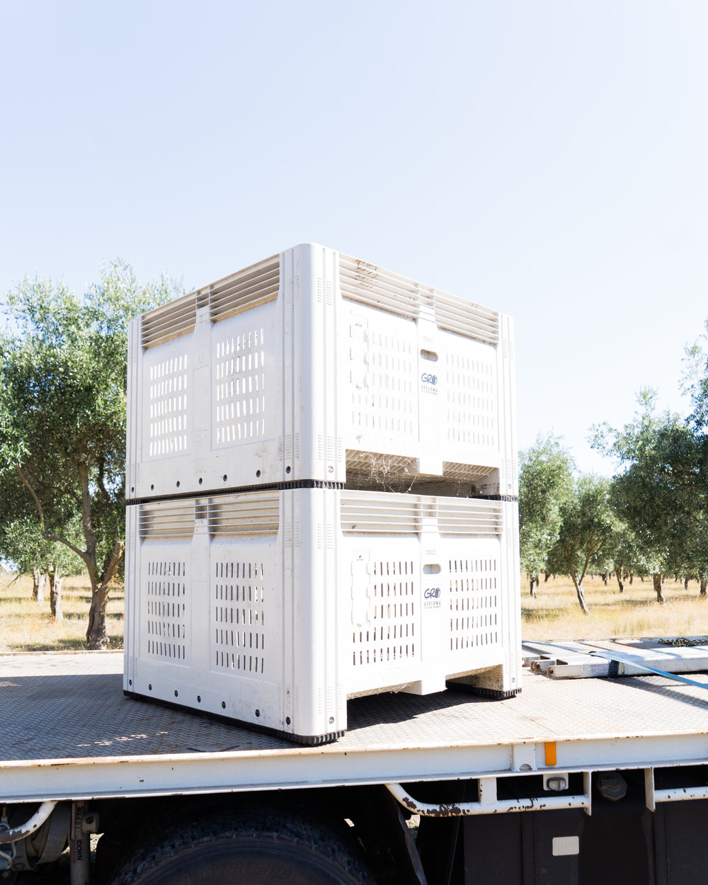 Harvest bins on a truck